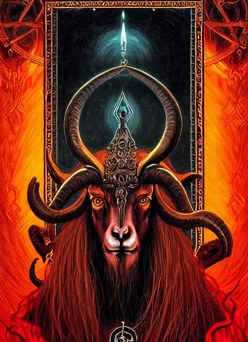 Image similar to elden ring themed orthodox baphomet goat icon tarot card portrait, piercing gaze, byzantine aesthetic, doom, religious, sinister, ornate, intricate, beautifully backlit, subtle tones, digital painting, concept art, smooth, sharp focus, illustration, art by josan gonzalez, greg rutkowski, killian eng and zdizslaw beksinski