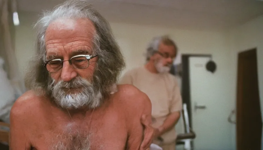 Prompt: 7 0 s movie still of a old man with a spiral in the chest in the hospital, cinestill 8 0 0 t 3 5 mm eastmancolor, heavy grain, high quality, high detail