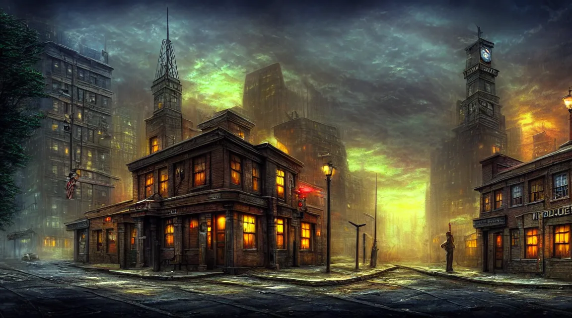 Prompt: post - apocalyptic dystopian police station, building, street, in the style of thomas kinkade, hd photography street