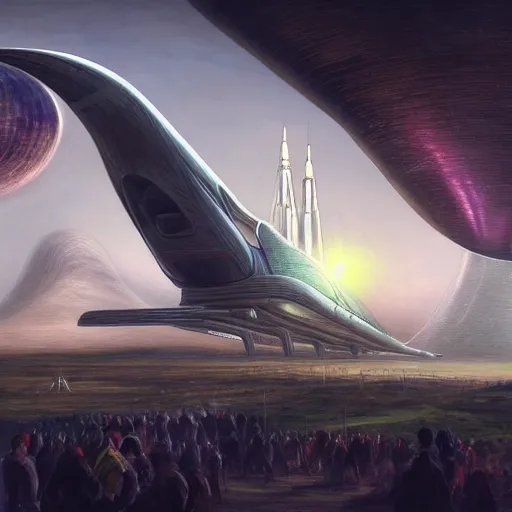 Image similar to thousands of people next to a big spaceship, fantasy art