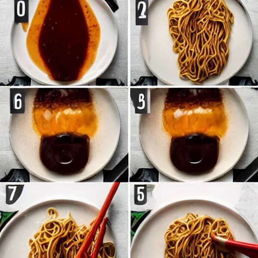 Prompt: making of an edible giraffe from noodles and soy sauce step by step, each step is a progression from the last, dslr