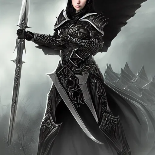 Image similar to female half-elf paladin of the raven queen in black armor with a shield, black hair, clear face, dark eyes, digital illustration