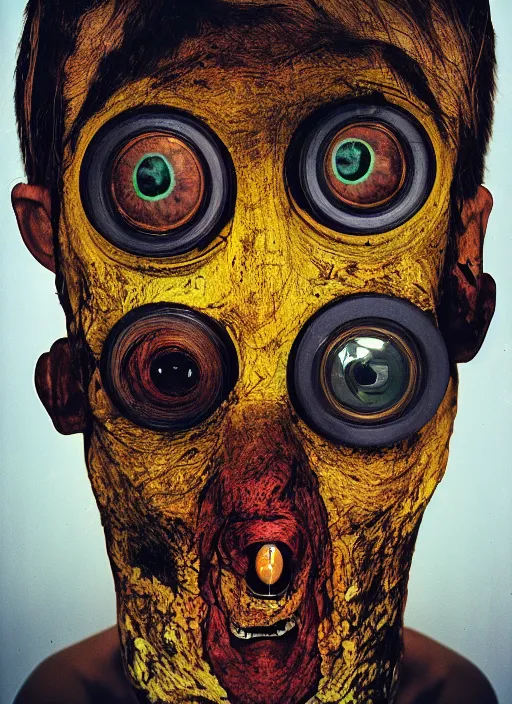 Image similar to studio portrait of a mutated human with eyes all over his face. mutation, radioactive, extra eyeballs. dusk, sunset, film photo, rollei 3 5 camera, kodachrome film