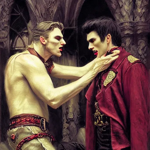 Image similar to attractive male, arthur pendragon confesses his love to attractive male dracula the vampire. highly detailed painting by gaston bussiere, craig mullins, j. c. leyendecker 8 k