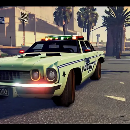 Image similar to GTA V arnold schwarzenegger screenshot stealing a cop car