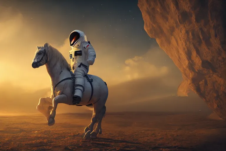 Image similar to astronaut is under the horse, 4 k, ultra details, cinematic, epic style, beautiful photo, hyper realistic, octane render, unreal engine, award winning, on artstation, volumetric lightning, masterpiece, golden hour,