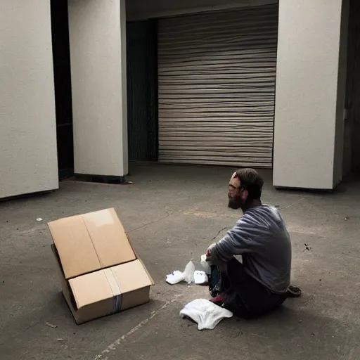 Image similar to a photo portrait of two homeless creating a time machine from aluminium cans and cardboard boxes. symmetry. awesome exposition. very detailed, professional lighting diffracted lightrays, 8 k, sense of awe