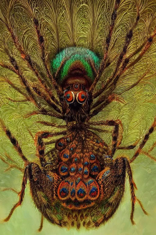 Prompt: intricate stunning highly detailed illustration of a peacock spider, maratus, salticidae, 🌱, by agostino arrivabene and vladimir kush, digital painting, ultra realistic, dramatic lighting, artstation