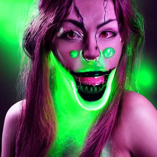 Image similar to a portrait photo of a poison themed female villain, glowing green, poison dripping, poison teeth, detailed character design