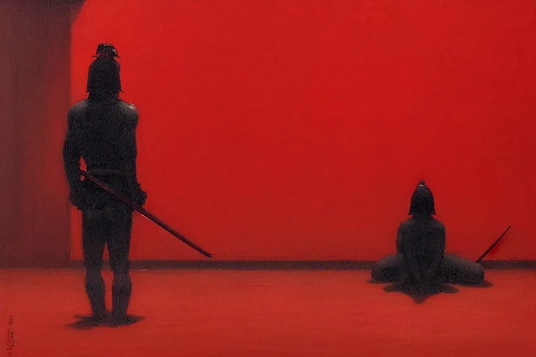 Image similar to only with red, a red samurai harakiri, tokio, a lot of frogs watch, in the style of beksinski, parts by edward hopper, parts by rodcenko, parts by yue minjun, intricate and epic composition, red by caravaggio, insanely quality, highly detailed, masterpiece, red light, artstation, 4 k