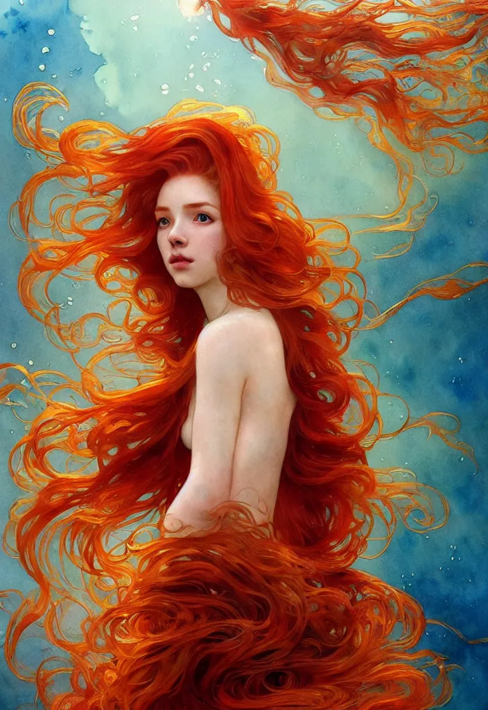 Image similar to beautiful watercolor painting of a red hair young queen under water, surrounded by long golden fish, intricate, elegant, highly detailed, digital painting, artstation, concept art, smooth, sharp focus, art by krenz cushart and artem demura and alphonse mucha, dynamic lighting, full body shot, ultrarealistic, cinematic, octane render, 8 k