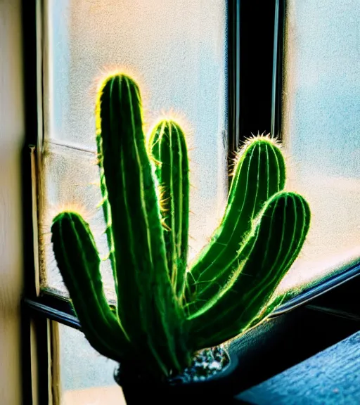 Image similar to an old photo of a cactus on a sunny windowsill, soft lighting