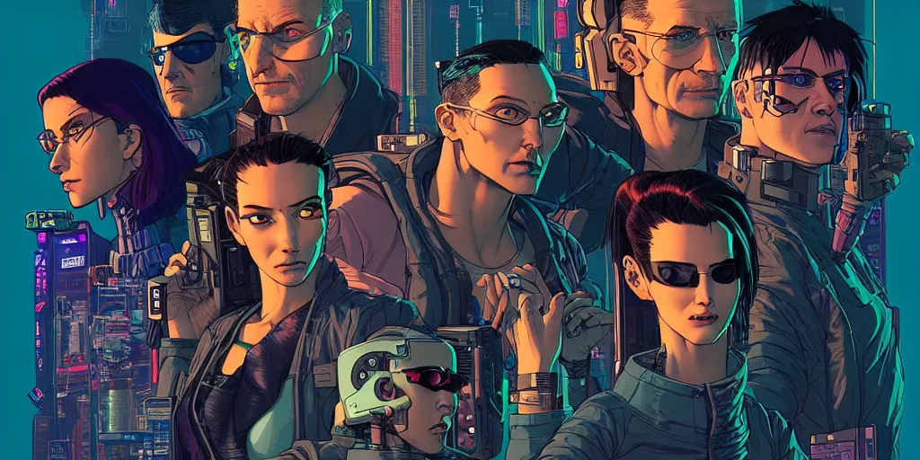 Image similar to cyberpunk hacker crew. portrait by stonehouse and mœbius and will eisner and gil elvgren and pixar. character design. realistic proportions. dystopian. cyberpunk 2 0 7 7 character art, blade runner 2 0 4 9 concept art. cel shading. attractive face. thick lines. hi def 4 k. the team. detailed interesting characters. realistic faces.