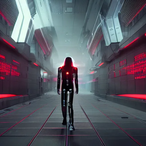 Image similar to photo of a lone terminator woman with borg implants walking in a futuristic city in a dystopian future made of electronic components and looks like a giant pcb board. Very detailed 8k. Unreal engine 5 render with nanite, global illumination and path tracing. Cinematic post processing. Emphasize on the colors black and red.