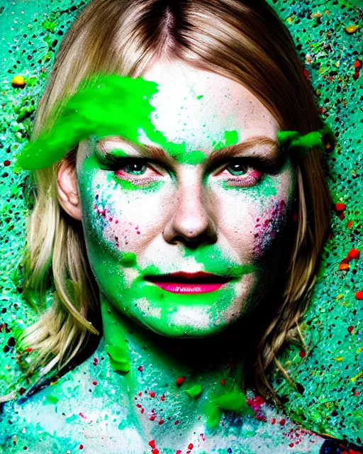 Image similar to photorealistic portrait headshot photos of kirsten dunst with bright green paint splattered across her face. photoshoot in the style of annie leibovitz, photorealistic, bokeh