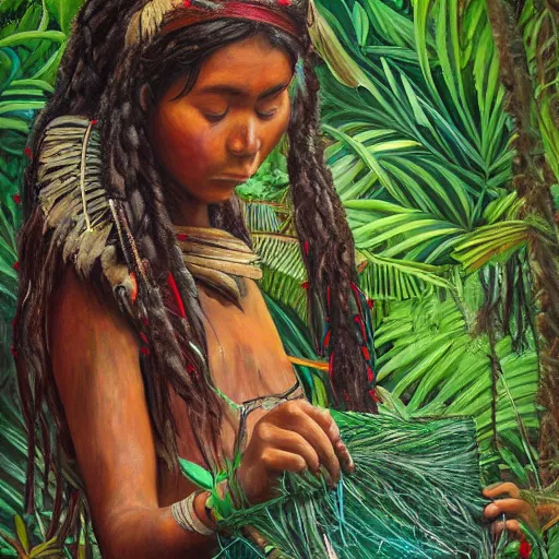 Image similar to a beautiful painting of a young indigenous female crafting a fabric in the jungle, realistic face, ayahuasca, fantasy art style, matte painting, highly detailed