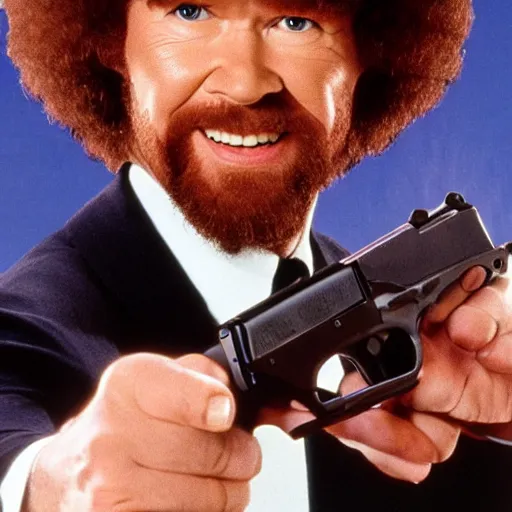 Prompt: Bob Ross as 007, promotional image, action movie, holding dual high-caliber pistols