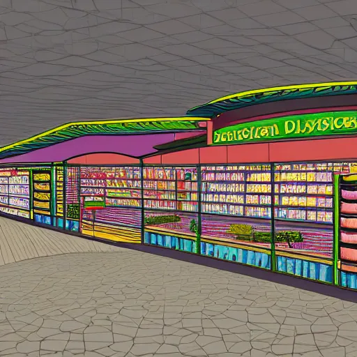 Prompt: four dimensional architectural rendering illustration of non-euclidean geometry grocery store aisle, surrealism optical illusion