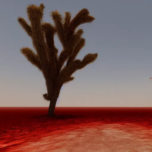 Image similar to blood lake in desert near tree, realistic, 4k, cinematic.