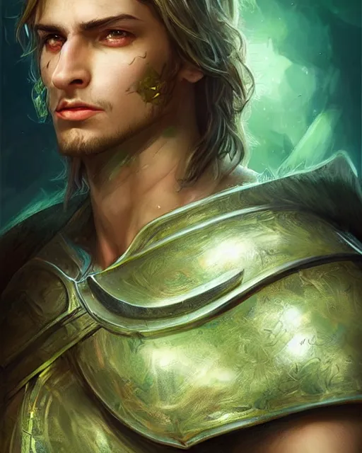 Prompt: a beautiful male warrior, perfect face with green eyes, 8 k, hyperrealistic, hyperdetailed, amazing ratio, fantasy portrait by laura sava