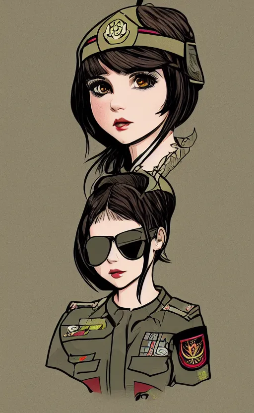 Image similar to patch design, girl, by kuvshinov ilya, concept art, trading card front, insignia, soldier clothing, military gear, vector line art