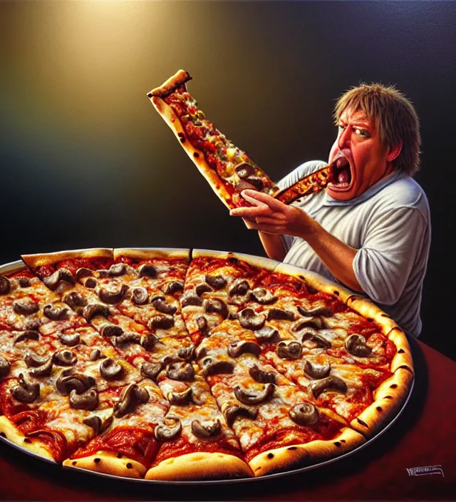 Prompt: hyper realistic derpy looking big chungus eating greasy pizza, pizza is everywhere, weird, strange, bizarre, surreal, epic composition, 2 0 0 mm focal length, painted by donato giancola, tim hildebrandt, wayne barlow, bruce pennington, larry elmore, insanely quality, highly detailed, masterpiece, artstation, 4 k