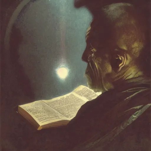 Image similar to half portait of monk wearing a closed cowl and big old book! chained to the wrist, jeremy mann, jean - leon gerome, tiepolo, alphonse mucha, greg rutkowski, face in the shadows, ( ( ruins of ancient rome ) ), at dusk, mysterious atmosphere, sunrays, dof, high detailed, 8 k