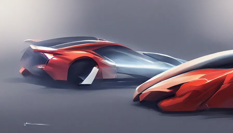 Image similar to concept art of car designed by jony ive, jama jurabaev, science fiction, brush hard, artstation, cgsociety, high quality, brush stroke