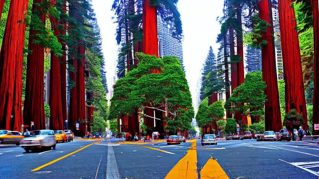 Image similar to Market Street lined with Redwood Trees by bruce mccall; Futuristic City in Harmony with Nature; Location: San Francisco, California;