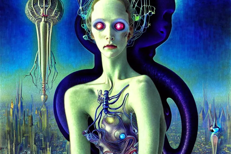 Prompt: realistic extremely detailed portrait closeup painting of a ghost woman with a beetle, futuristic sci-fi city on background by Jean Delville, Amano, Yves Tanguy, Alphonse Mucha, Ernst Haeckel, Edward Robert Hughes, Roger Dean, rich moody colours, blue eyes