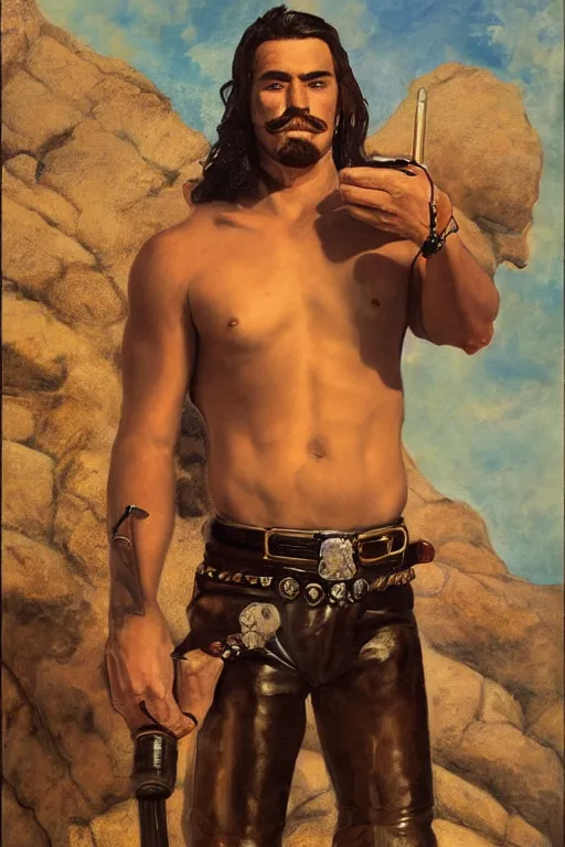 Prompt: an dramatic homoerotic painting of a handsome mustachioed shirtless cowboy with a bandolier and revolvers | he is wearing pauldrons, and leather pants | red desert mesa background at twilight, ground littered with bullet casings | by bill ward, by tom of finland, by clyde aspevig, by thomas moran | trending on artstation