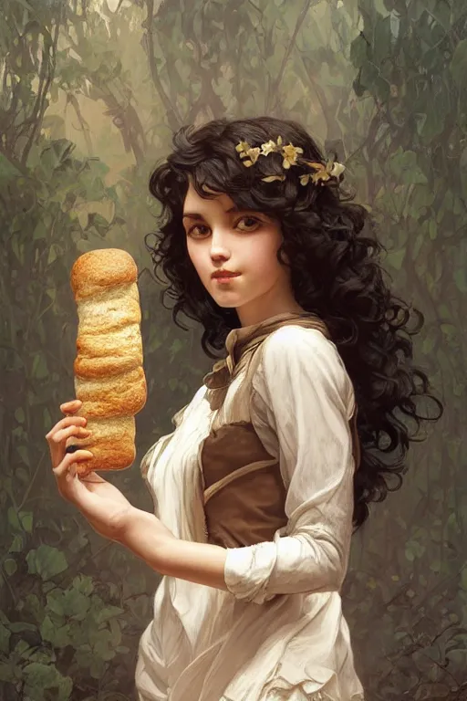 Image similar to beautiful cottagecore of a girl with short black curly hair, round face, cute face, holding a loaf of bread. intricate, elegant. highly detailed, digital painting, artstation, concept art, smooth, sharp, focus, illustration. . art by artgerm and greg rutkowski and alphonse mucha