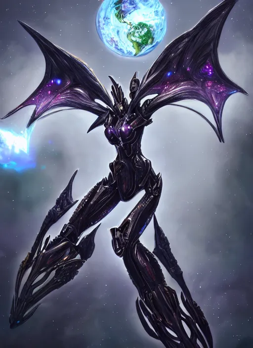 Image similar to goddess shot, galactic sized stunning beautiful anthropomorphic robot mecha female dragon, in space, larger than planets, posing elegantly, holding earth in sharp claws, detailed silver armor, epic proportions, epic scale, ultra detailed digital art, furry art, macro art, dragon art, giantess art, warframe fanart, furaffinity, deviantart, realistic