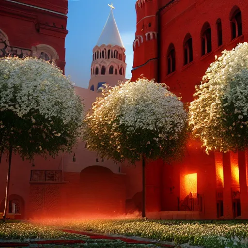 Prompt: huge explosions in the form of white cotton plants in Red Square Kremlin, beautiful dynamic lighting, cinematic, extremely high detail, photo realistic, cinematic lighting, post processed, concept art, artstation, matte painting, unreal engine 8k