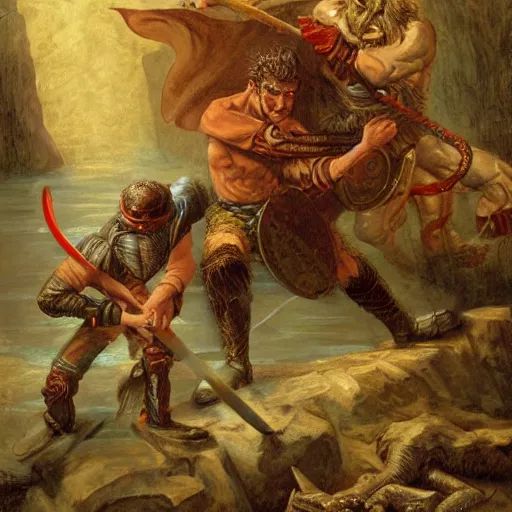 Image similar to martin the warrior battling Asmodeus the serpent by James Gurney