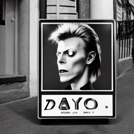 Image similar to Emotional pictures of David Bowie printed on a New York street sign in the style of WEEGEE , 8k, b/w photorealistic imagery, trending on artstation, artstationHQ, artstationHD