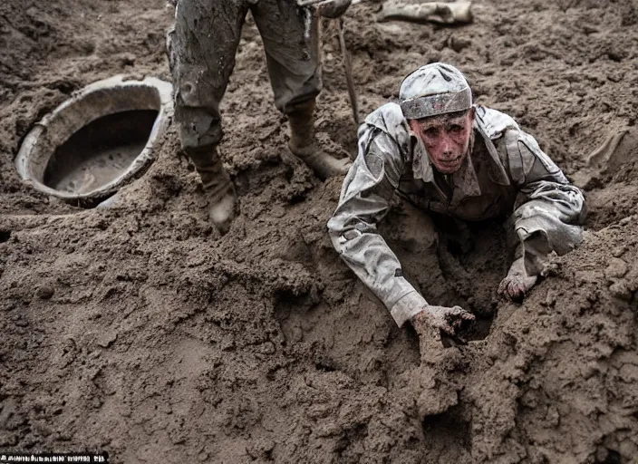 Image similar to a man wearing a dirty gray soldiers uniform stands in an 8 foot deep muddy pit