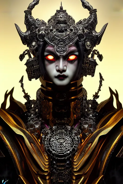 Image similar to asura from chinese myth, ghost, luxurious armor mixed with leather and metal, gothic diablo art, rococo art, cyberpunk, mecha, halfturn portrait of a big crystal face made of crystals half - turn, ominous, intricate, studio, art by anthony macbain + greg rutkowski + alphonse mucha, concept art, 4 k, sharp focus