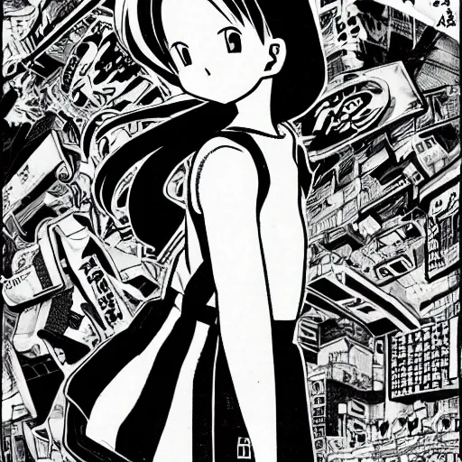 Image similar to manga, monochrome, made by toriyama akira, front portrait of a girl, modern clothing, sneaker shoes, arcade cabinet