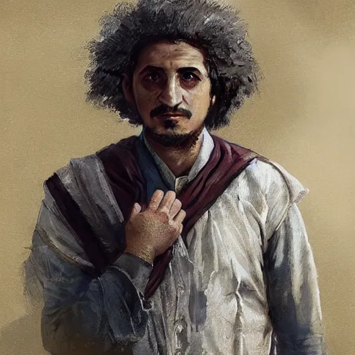 Image similar to a portrait of a Kurdish Albert Einstein in Kurdish clothes by Greg Rutkowski, digital art, horror, chiaroscuro, trending on artstation, anime arts, featured on Pixiv, HD, 8K, highly detailed, good lighting, beautiful, epic, masterpiece