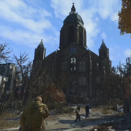 Image similar to Aachen Cathedral in ruins post-nuclear war in Fallout 4, in game screenshot