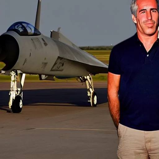 Image similar to aesthetic illustration of jeffrey epstein, wearing a dark blue polo shirt, standing near fighter jet on an empty runway at dusk, cinematic lighting, high detail, volumetric lights, pinterest wallpaper