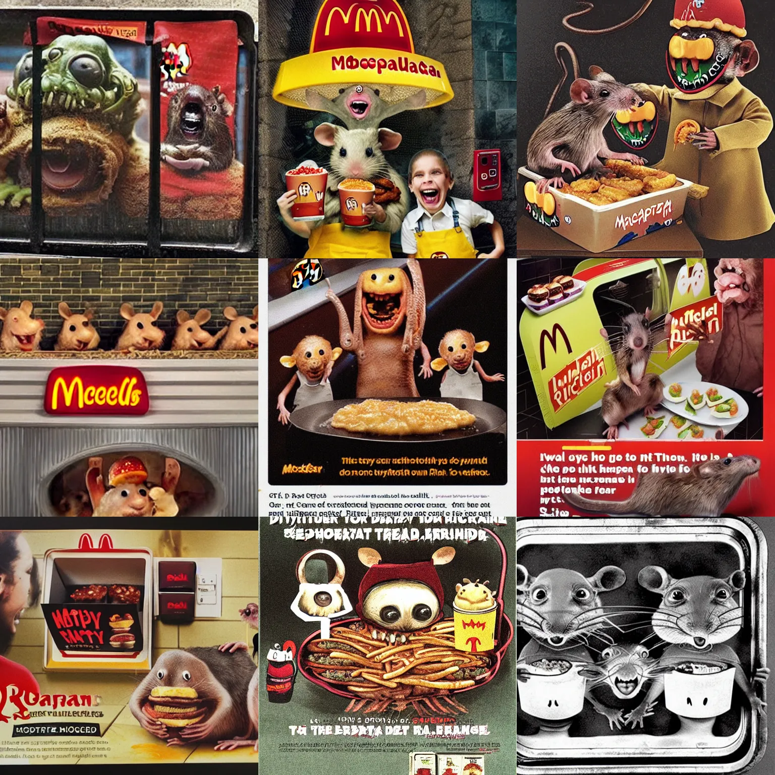 Prompt: dystopian Lovecraftian ratty McDonalds advertisement showing a smiling rat family being served a tray of rats in the style of H.R. Giger