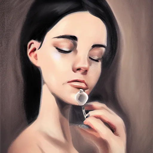 Image similar to Portrait of a woman staring blankly at the viewer while tears stream down her cheeks and she holds a mirror in her hand, ArtStation.