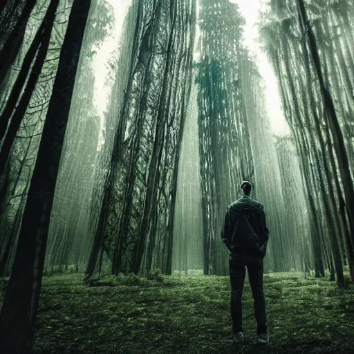 Prompt: a man in the forest surrounded by futuristic city