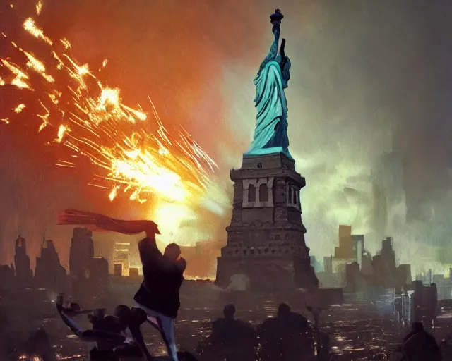 Image similar to giant Donald Trump boxing the Statue of Liberty fight in Manhattan, post apocalyptic New York, craig mullins, dramatic lighting, very detailed