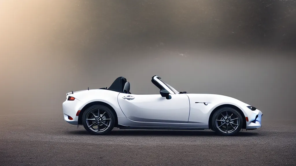 Image similar to a mazda mx - 5, white balance, 8 k, rim lighting, led, lumen global illumination, glowing, glow - in - the - dark, fog, ray tracing reflections