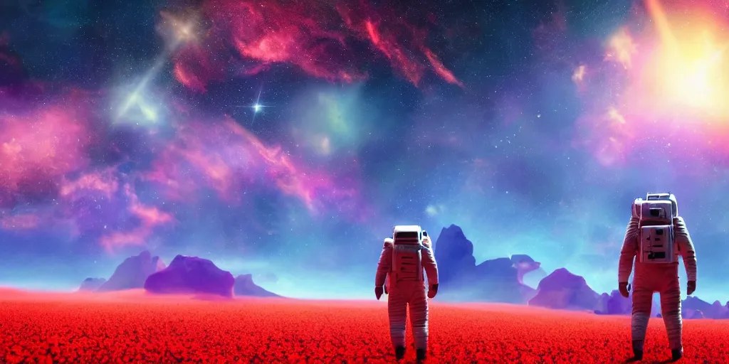 Image similar to astronaut walks in a field of colorful corals on the surface of a far away planet. universe in the background. wallpaper relaistic cgi 4 k lens flare cinematic color grading