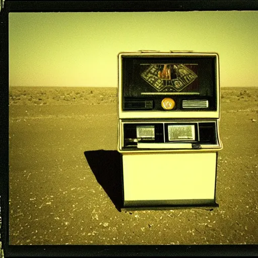 Image similar to a distant slot machine in the middle of a desert at night, very dark, dark lighting, old polaroid, damaged film, expired film, slightly blurry, liminal space, surreal,