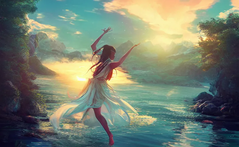 Image similar to Himalayan priestess dancing on water, beautiful flowing fabric, sunset, dramatic angle, 8k hdr pixiv dslr photo by Makoto Shinkai ilya kuvshinov and Wojtek Fus